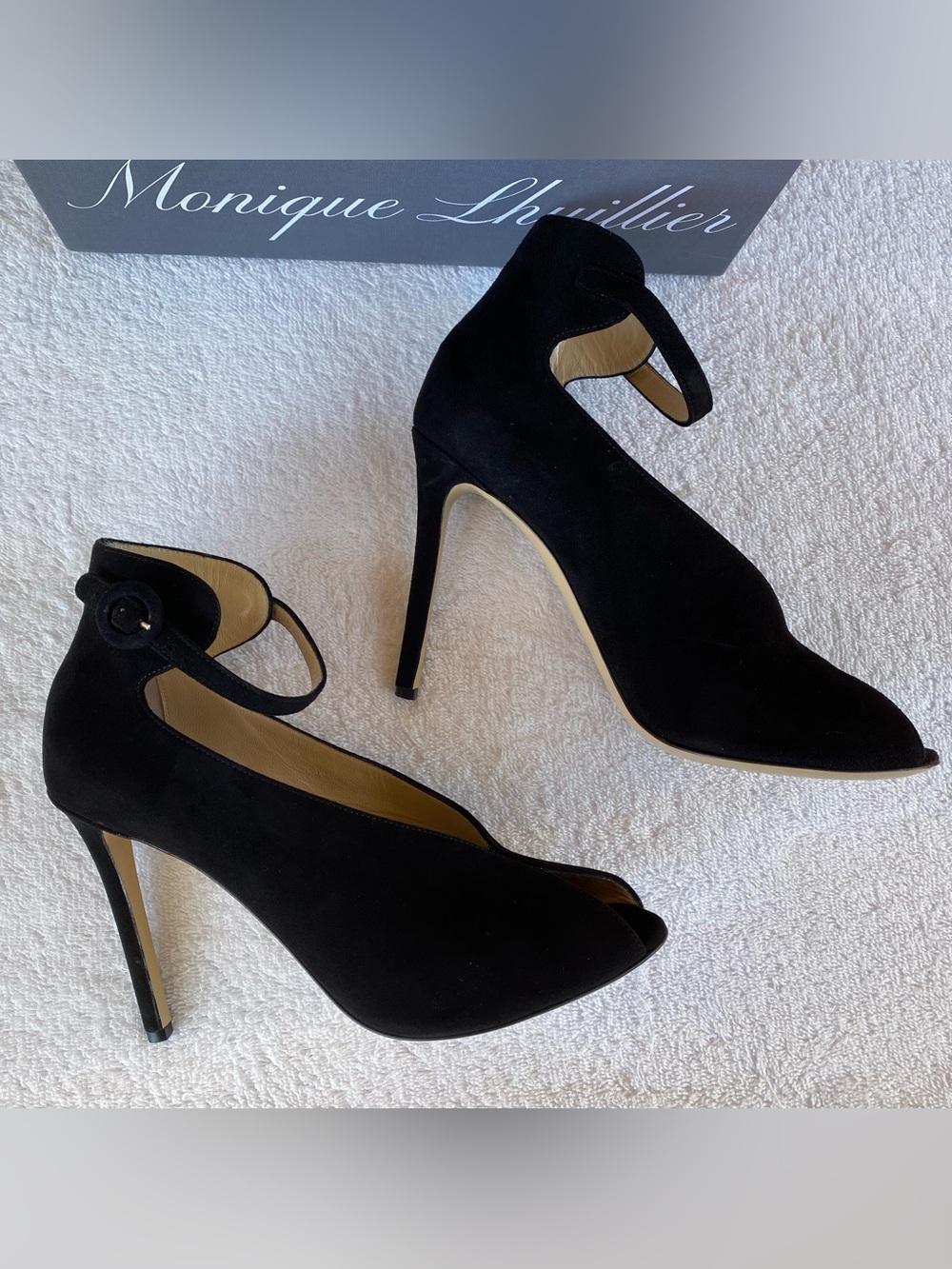 Monique Lhuillier “Sasha” Black Suede Ankle Strap Peep-Toe Heels